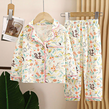 Kids Spring Summer Pajamas Set Cute Cartoon Print Long Sleeve Lapel Soft Sleepwear for Boys Girls Baby Casual Loose Loungewear