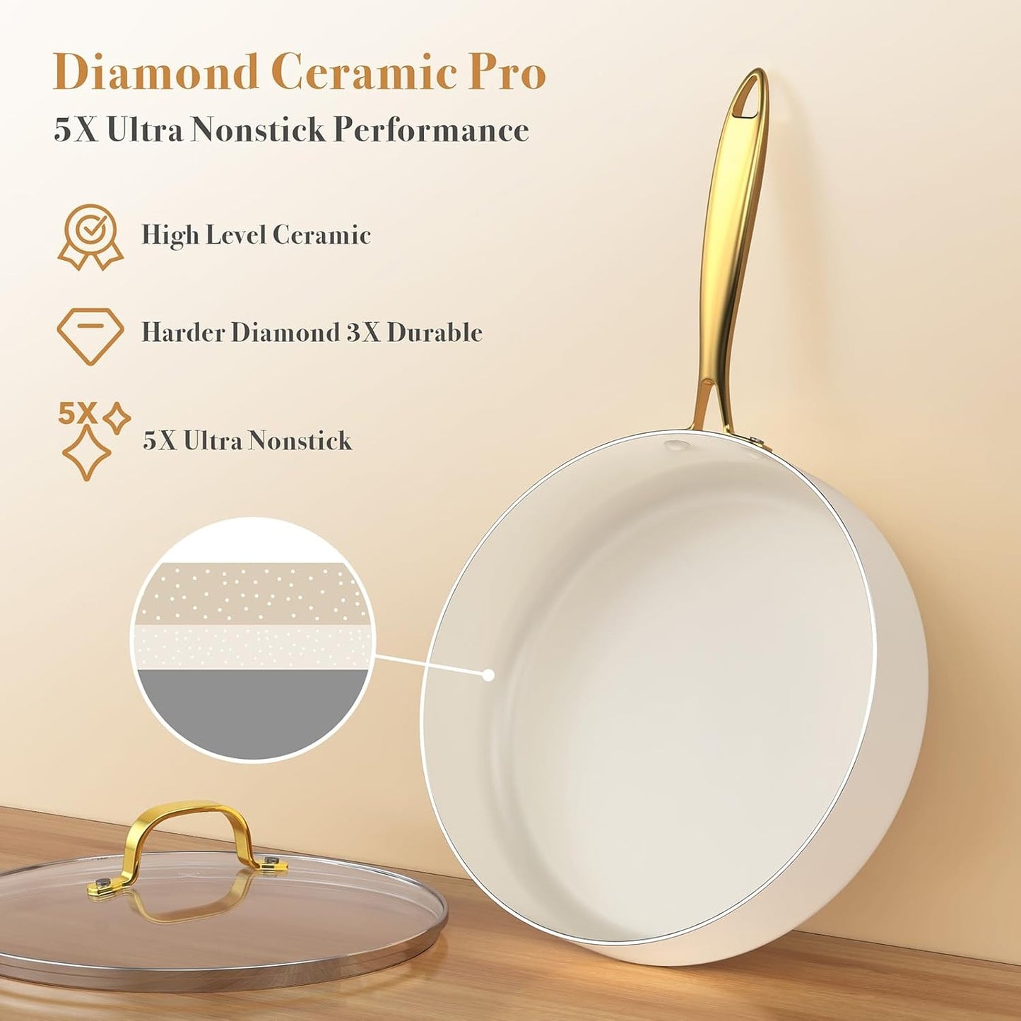 Ceramic Cookware Set 15-Pieces, Pots and Pans Set Non Stick, Oven Safe Non Toxic, Kitchen Cookware Set, PFOA PTFE FREE, Gold Wh