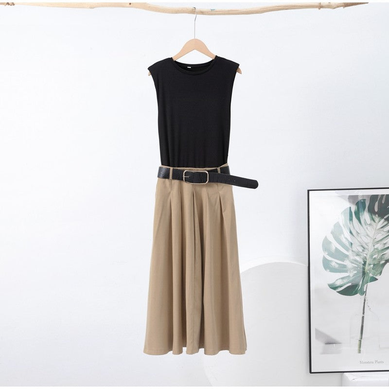Fashion Patchwork Pleated Long Dress With Belt Women Chic Sleeveless Tank Maxi M