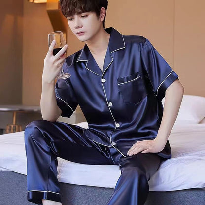 New Ice Silk Pajamas, Men's Summer Short-Sleeved Trousers, Thin High-End Simulated Silk Plus-Size Loose Loungewear Two-Piece Set