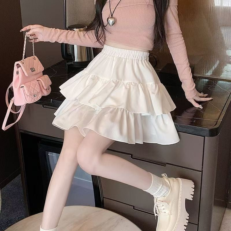 Korean Chic Y2K Sweet Girl's White Princess Mini Skirt Ballet-style Tiered Skirt Elastic High Waist Cake Skirt Shorts All-match