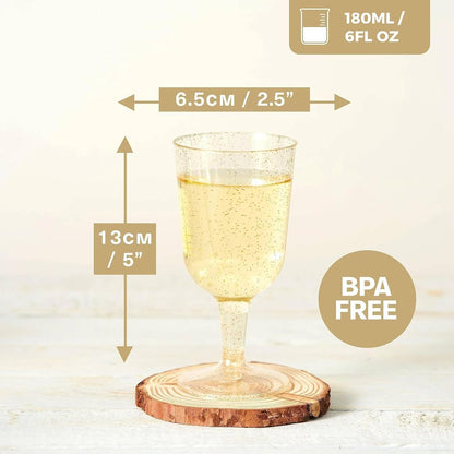 50 Taças de Vinho de Plástico com Glitter Dourado para Casamentos, Aniversários, Chá de Panela e Festas, 180ml - Resistentes e Reutilizáveis