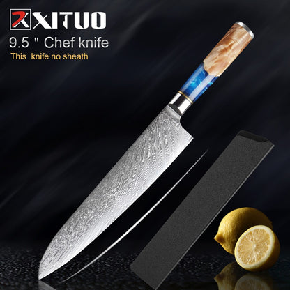 XITUO Kitchen Knives Set Damascus Steel VG10 Chef Knife Cleaver Paring Bread Knife Blue Resin Stabilised Wood Handle 1-7PCS set
