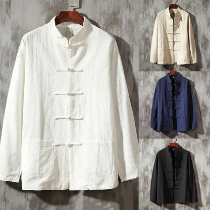 Casual Men's Chinese Style Linen Shirts Stand Collar Traditional Kung Fu Tai Chi Shirt Coat Tang Suit Uniform Jacket Men Clothes