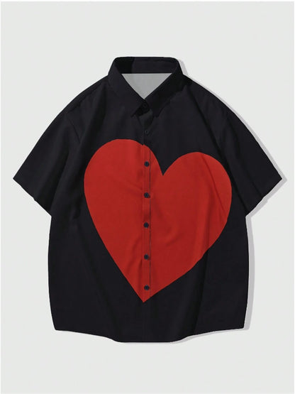 2024 Summer Shirt Men Hawaiian Men Short Sleeve Love Button Lapel Shirt Print Men Beach Travel Leisure Oversized XS-5XL