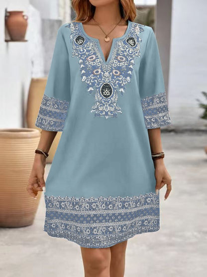 Women's Clothes Casual print Short Sleeve V-Neck Waist Cinched Dress summer vintage New Female Fashion Loose Mini Dresses 2025