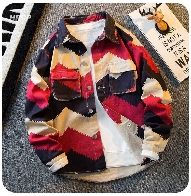 American Retro Diamond Denim Shirt Men Clothing Autumn Polo Neck Trendy High Strret Loose Casual Blouses Cargo Jacket for Men