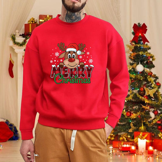 Christmas elk round neck pullover fall and winter men's casual long-sleeved cute Merry Christmas red sweater