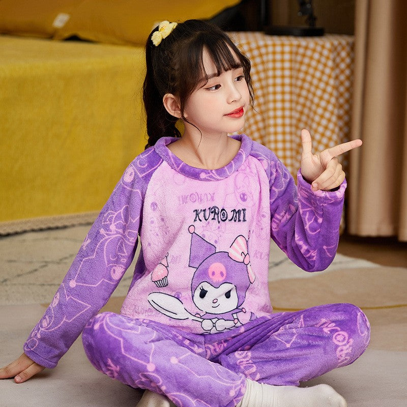 Sanrio Kuromi Winter Children's Pajamas Fleece Thickened Boys And Girls Baby Home Wear Comfortable Sleep Suit for Kids