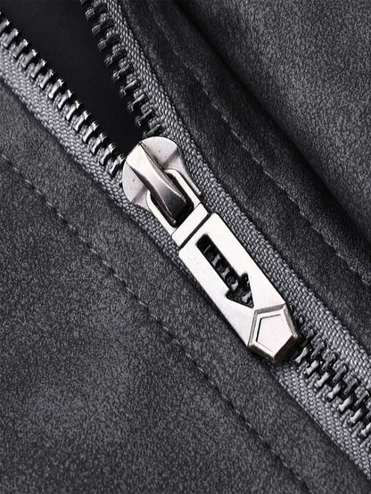 Plus Size Men's Casual Loose Fit Turndown Collar Motorcycle PU Leather Jacket, Suitable For Autumn, Zipper Front