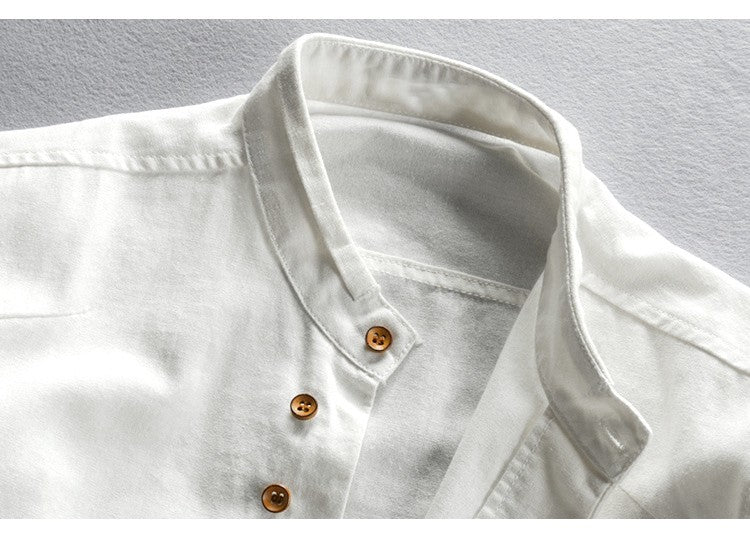 Japan Style Mens Linen Cotton Shirt Harajuku Stand Collar Long Sleeve Slim Fit Solid Color Male Casual Breathable Classical Tops