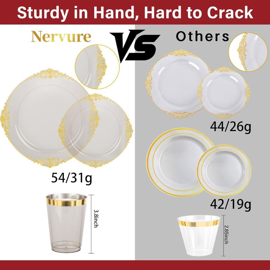 175pcs Clear Black Plastic Plates with Gold Accents Premium Disposable Dinnerware Set for 25 Guests Featuring 50 Plates 75 Gold