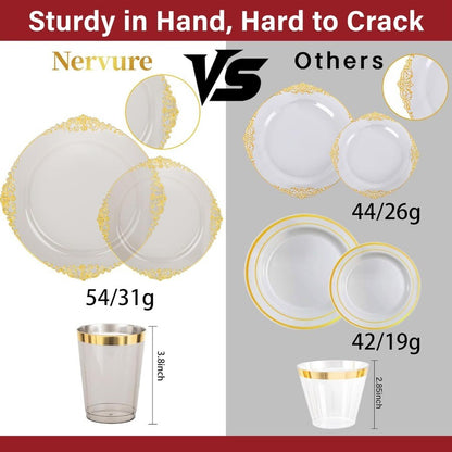 175pcs Clear Black Plastic Plates with Gold Accents Premium Disposable Dinnerware Set for 25 Guests Featuring 50 Plates 75 Gold