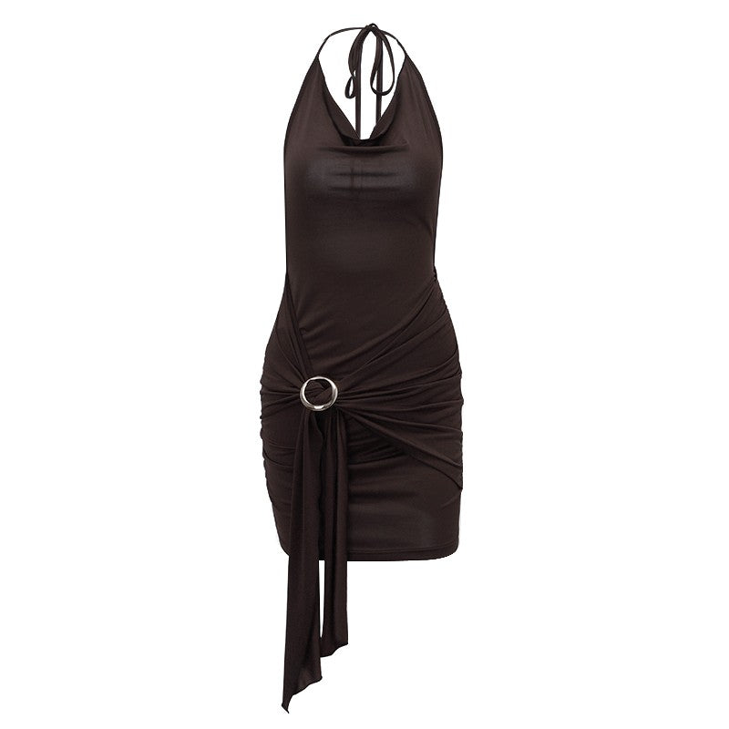 WhereMery Vintage Brown Low-cut Backless Mini Dress Y2K Women Bandage Pleated A-