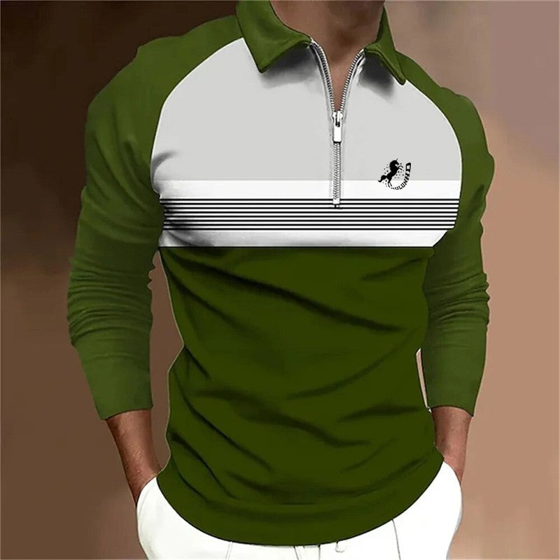 Striped Color Blocked Printed Fashionable Single Item Men's Long Sleeved Top T-shirt Autumn and Winter Men's Zipper Long Sleeved