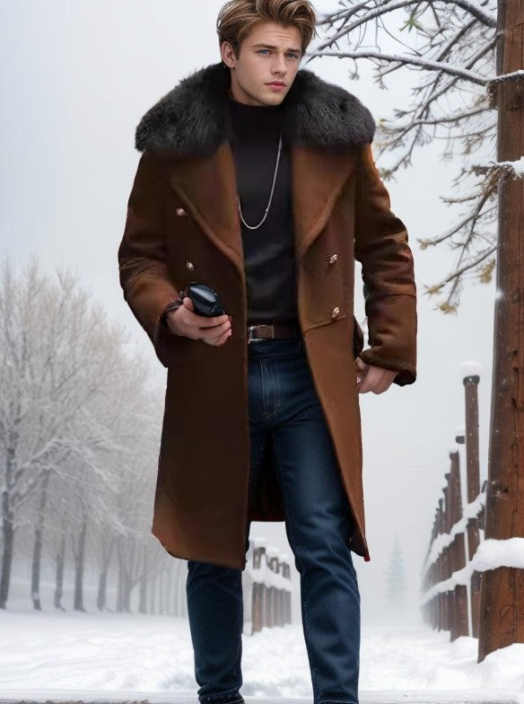 European and American Men's Casual Woolen Coat for Autumn and Winter, Young Men's Double-breasted Fur Collar Overcoat S-5XL