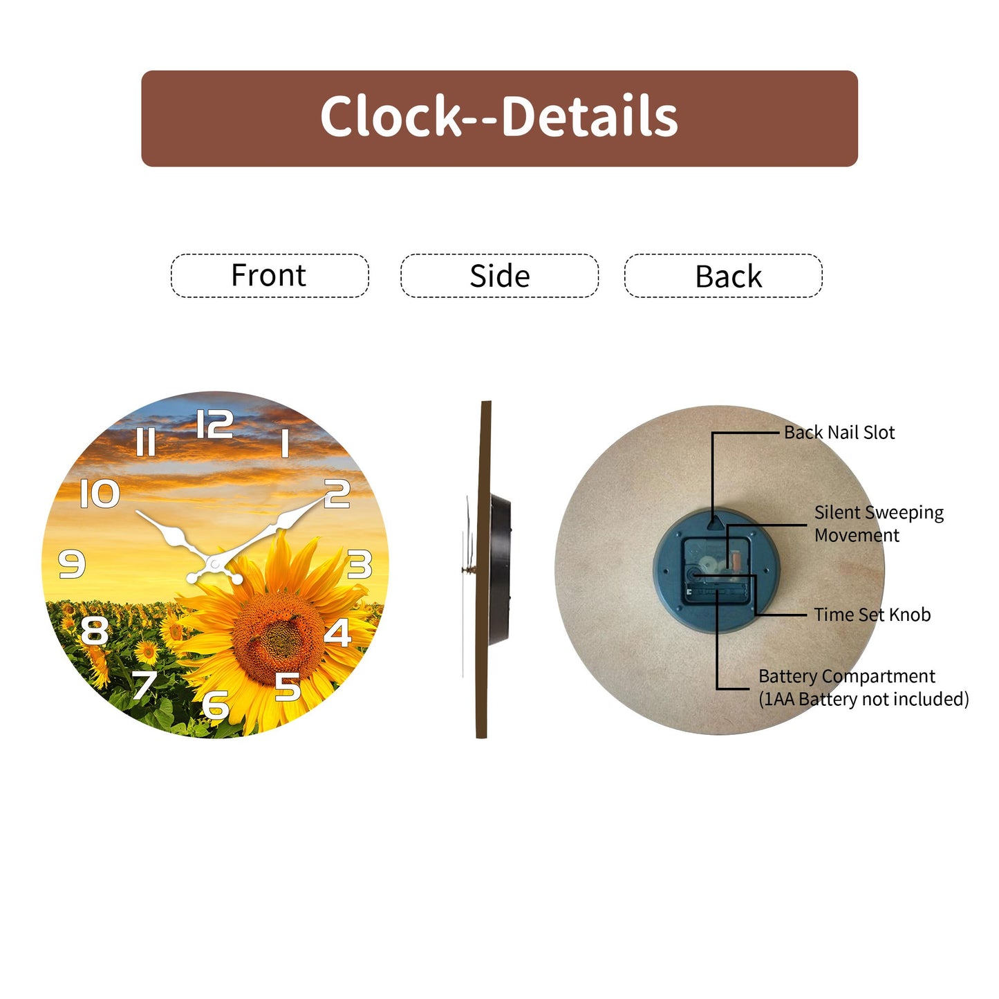 1pc wooden wall clock, Sunflower Garden design wall clock at sunset, round silent clock, for living room bedroom, room decoratio