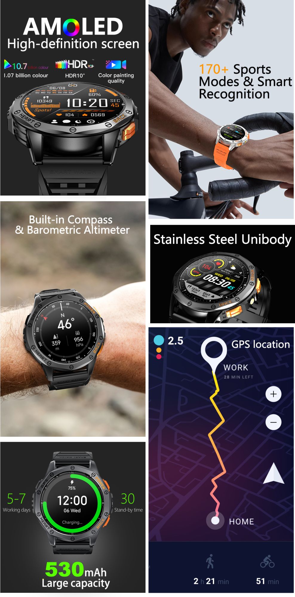Smartwatch LIGE Novo para Esportes ao Ar Livre com GPS, Bússola, Tela AMOLED de 1.43", Bateria de 530mAh, Monitor Cardíaco, Chamadas Bluetooth e À Prova D'Água