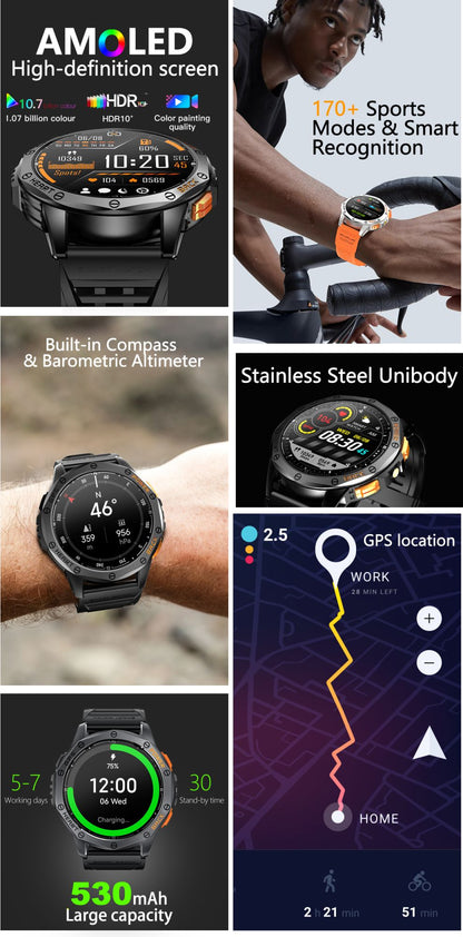 Smartwatch LIGE Novo para Esportes ao Ar Livre com GPS, Bússola, Tela AMOLED de 1.43", Bateria de 530mAh, Monitor Cardíaco, Chamadas Bluetooth e À Prova D'Água
