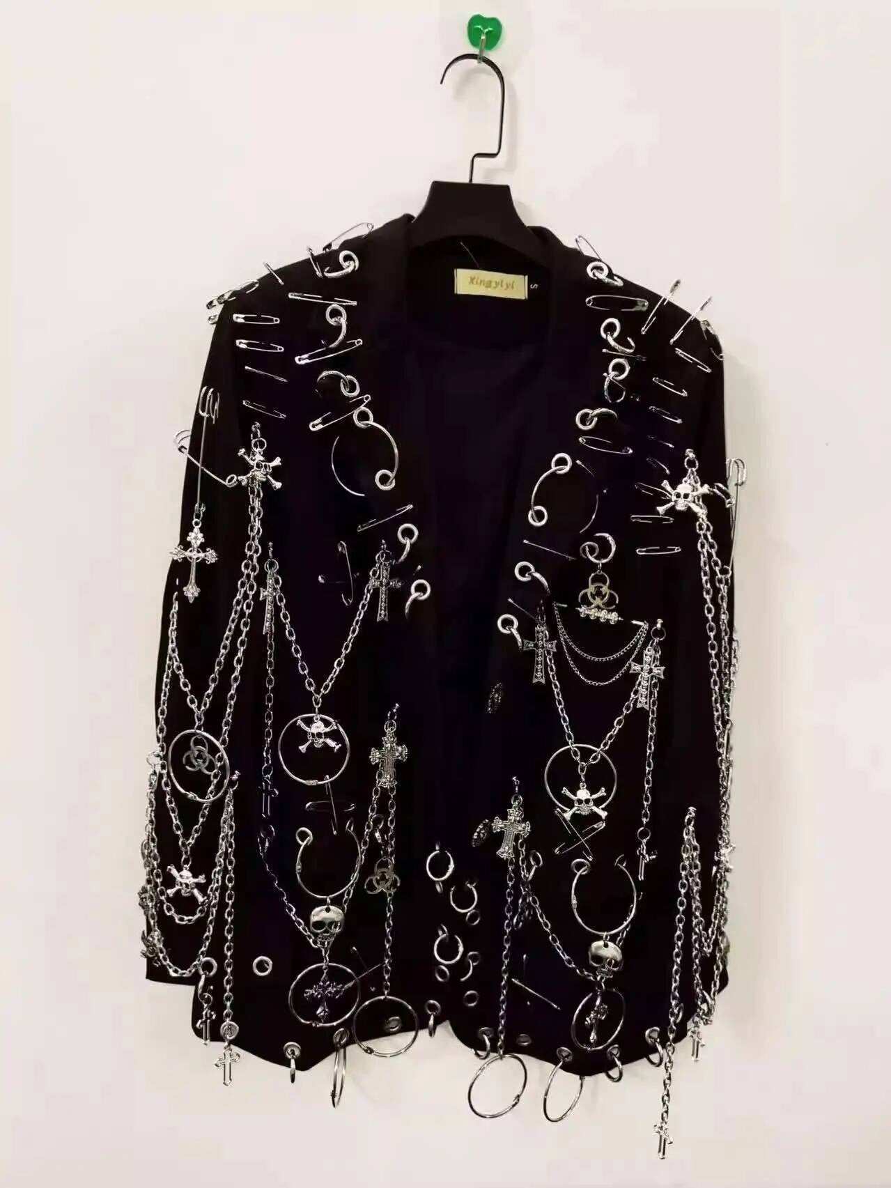 WVGA Spring Autumn New Men Y2K Dark Techwear Gothic Chain Design Blazer Punk Rock Heavy Beaded Niche Chic Casual Suit-Coat W8497