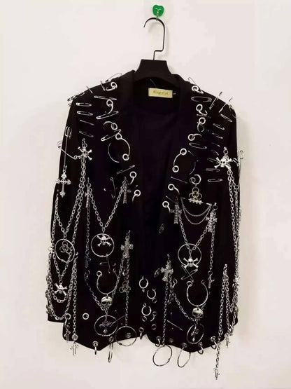 WVGA Spring Autumn New Men Y2K Dark Techwear Gothic Chain Design Blazer Punk Rock Heavy Beaded Niche Chic Casual Suit-Coat W8497