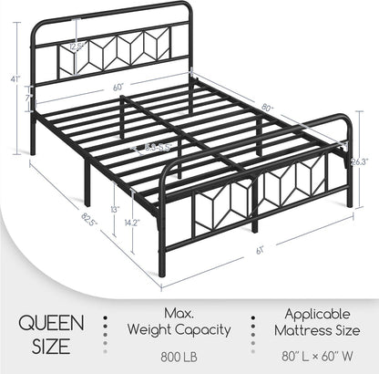 Queen Bed Frames Metal Platform Bed with Vintage Style Headboard/Mattress Foundation/No Box Spring Needed/Under Bed Stor