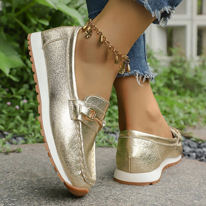 Gold Silver Metal Chain Flats Shoes Women Spring Autumn Plus Size Platform Loafers Woman Slip On Soft Bottom Casual Shoes Female