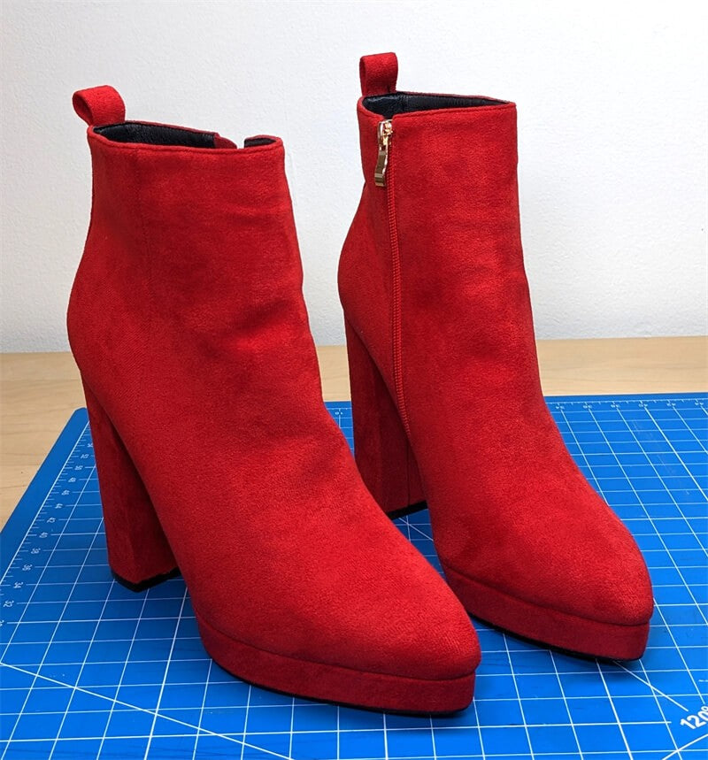 Onlymaker Women Pointed Toe Ankle Boots Black Matte Flock Chunky Heel Platform Booties Party Shoes Large Size Short Boots