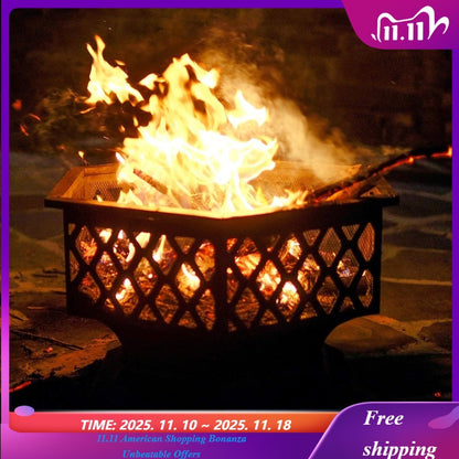 Hex Shaped Fire Bowl - Large Wood Burning Outdoor Fire Pit with Spark Screen & Poker for Bonfire, Picnic,