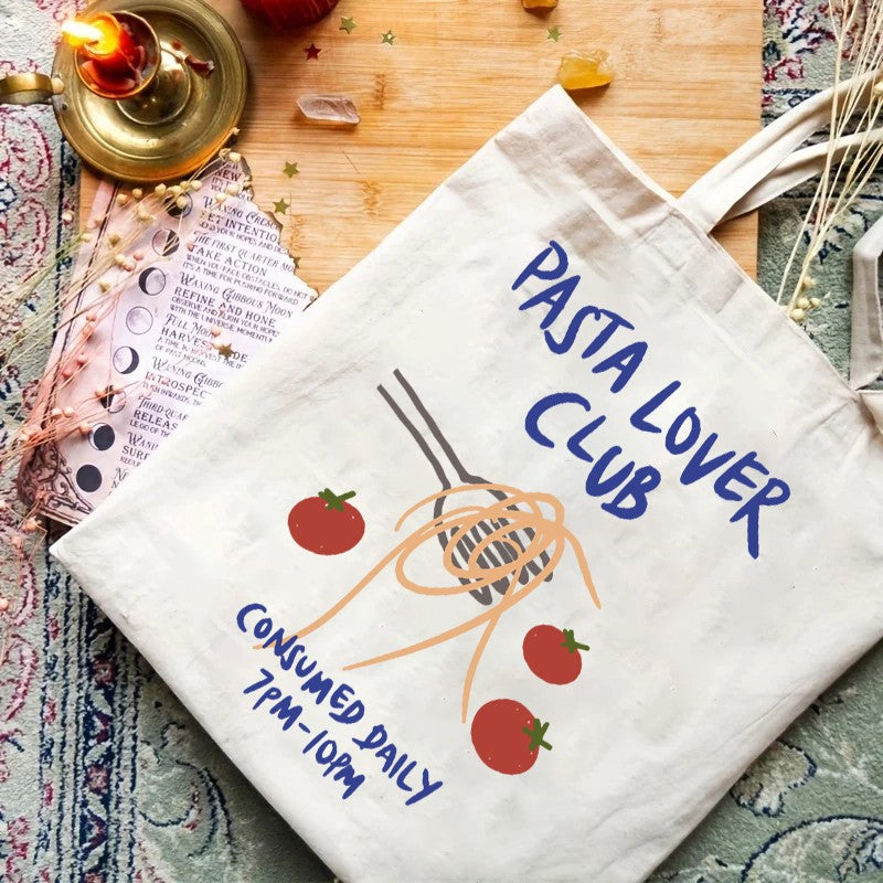 1pcs Pasta Lover Club Artistic Print Canvas Tote Bag Vintage Style Art Bag Luggage Bag Reusable Shoulder Bags