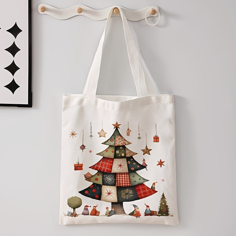 Christmas Gnome and Tree Pattern Tote Bag Casual Shoulder Shopping Bag Reusable Fashion Multi-functional Handbag Holiday Gift
