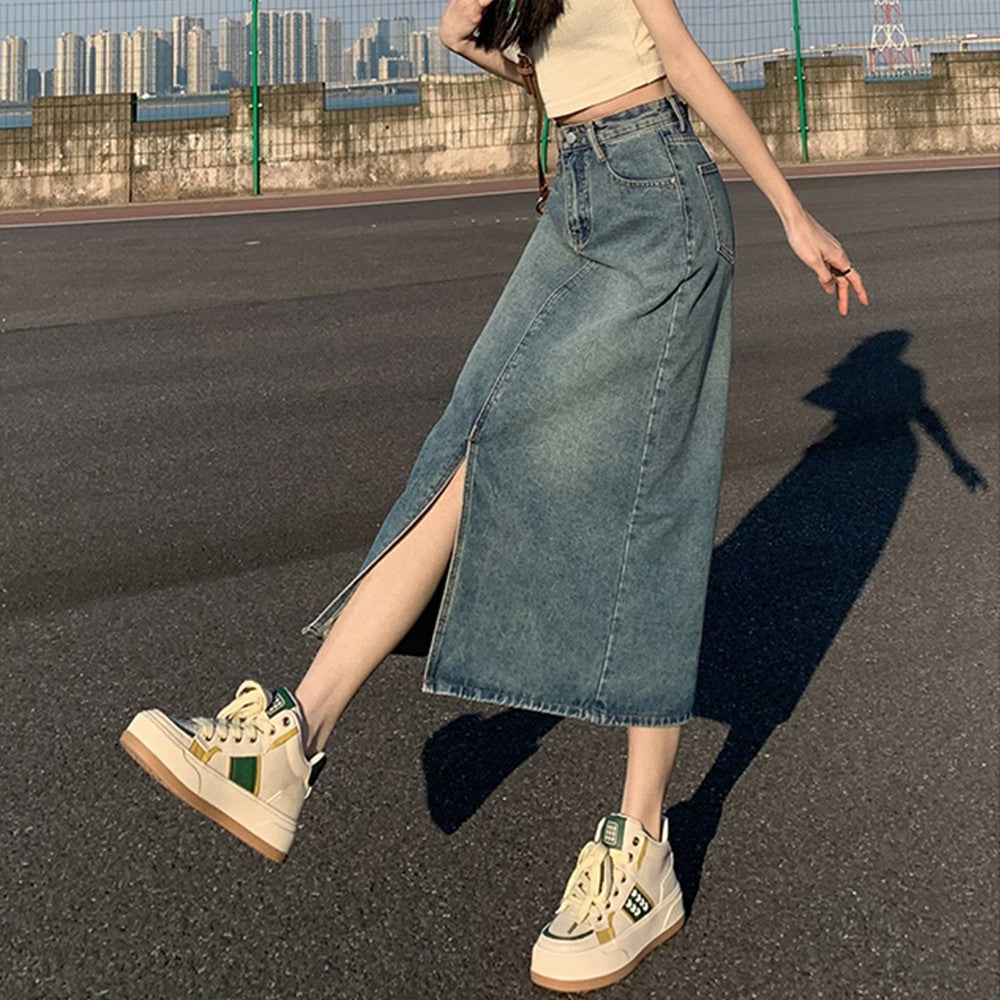Summer Women High-waist Retro A- line Skirt Pockets Front Slit Washed Blue Denim Skirts Hip-covering Straight Long Jeans Skirt