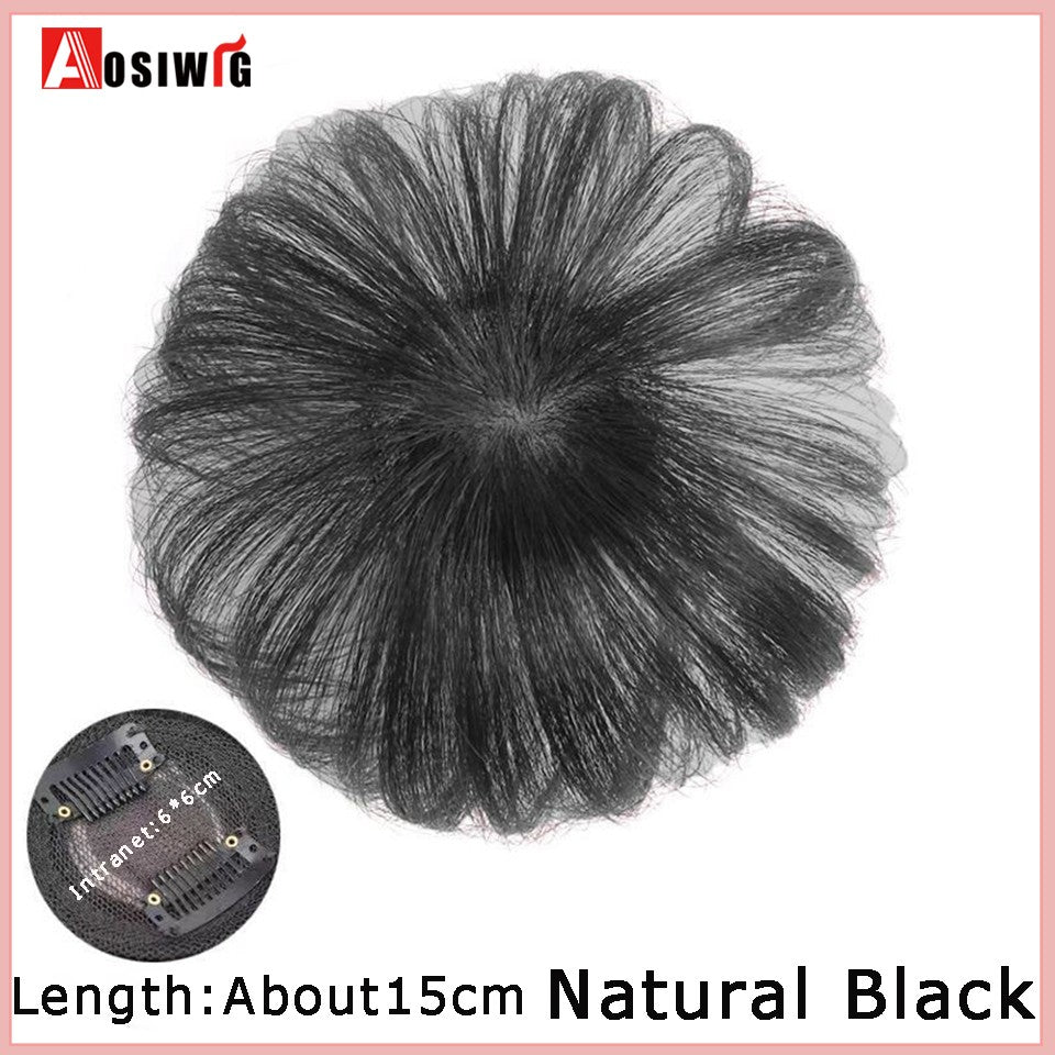Perucas de cabelo encaracolado sintético AOSI castanho preto, substituição de extensões de cabelo tipo topete, apliques femininos com franja