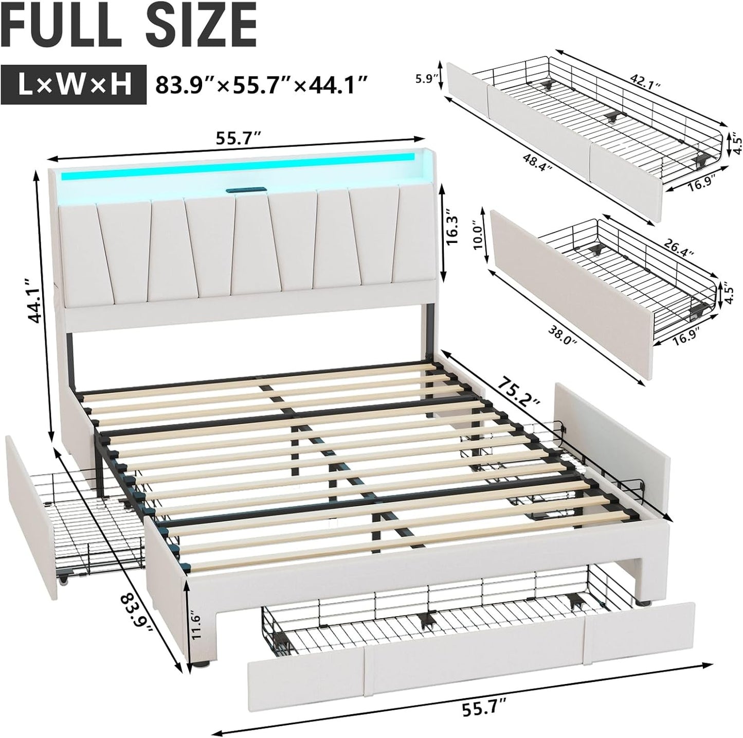 Full Size Bed Frame with Storage Headboard and 3 Drawers,Upholstered Platform Bed with Charging Station,Full Bed Frame w
