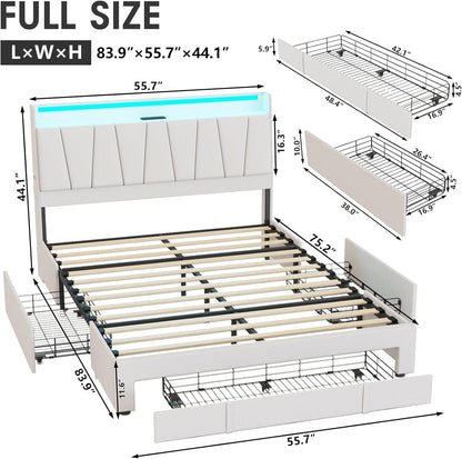 Full Size Bed Frame with Storage Headboard and 3 Drawers,Upholstered Platform Bed with Charging Station,Full Bed Frame w
