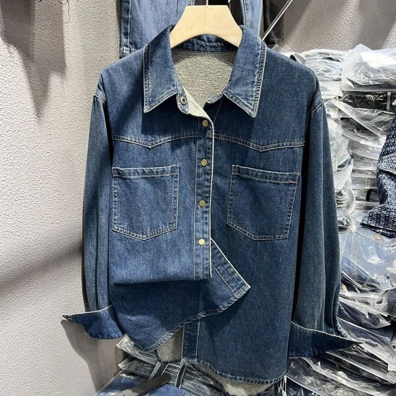 Women's Fleece Lined Thick Denim Shirt Long Sleeve Retro Outerwear Top Quality Material Fashionable Design Spring Autumn Essenti