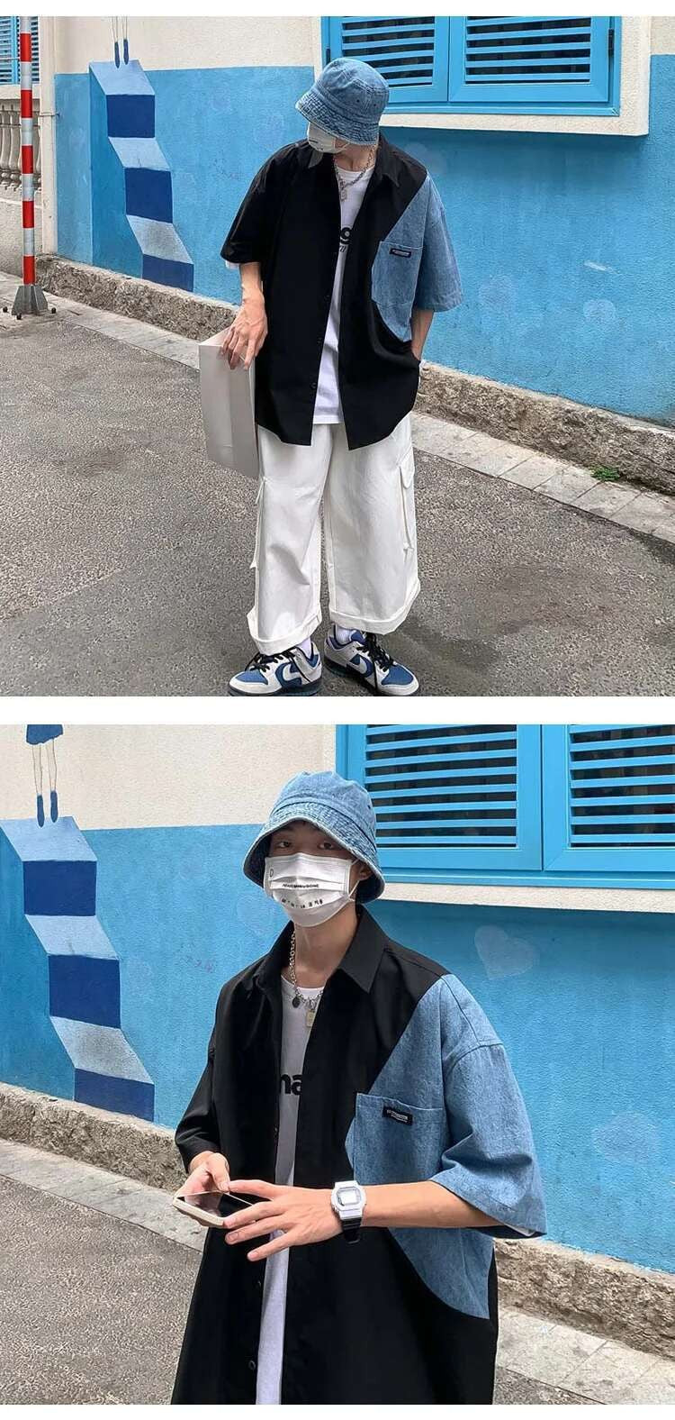 2025 Summer Streetwear Men Short Sleeve Irregular Patchwork Denim Shirt Male Tops Daily Casual Pocket Blouses Unisex Clothes