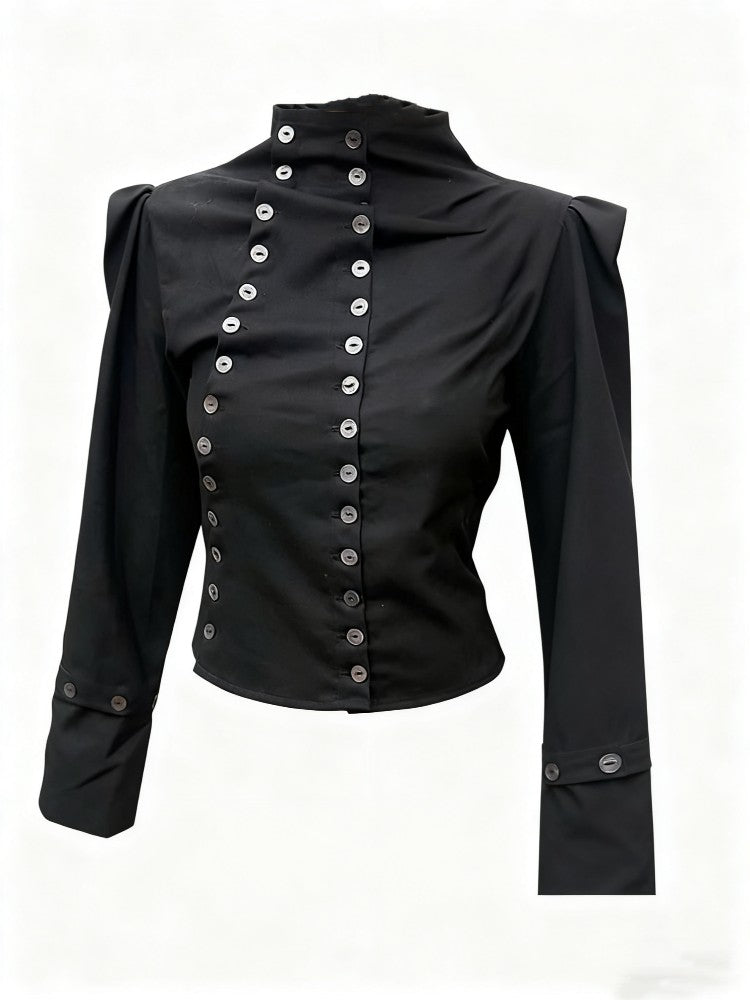 Women's Chic Buttons Cropped Shirt High Neck Solid Y2K Style Slim Fit Tops Grunge Streetwear Vintage Punk Fashion Causal Blouses