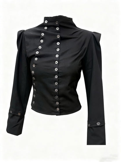 Women's Chic Buttons Cropped Shirt High Neck Solid Y2K Style Slim Fit Tops Grunge Streetwear Vintage Punk Fashion Causal Blouses
