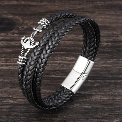 Pulseiras de Âncora Punk de Aço Inoxidável Pulseira de Couro Genuíno e Braceletes Masculinos Joias Pretas Presente de Moda