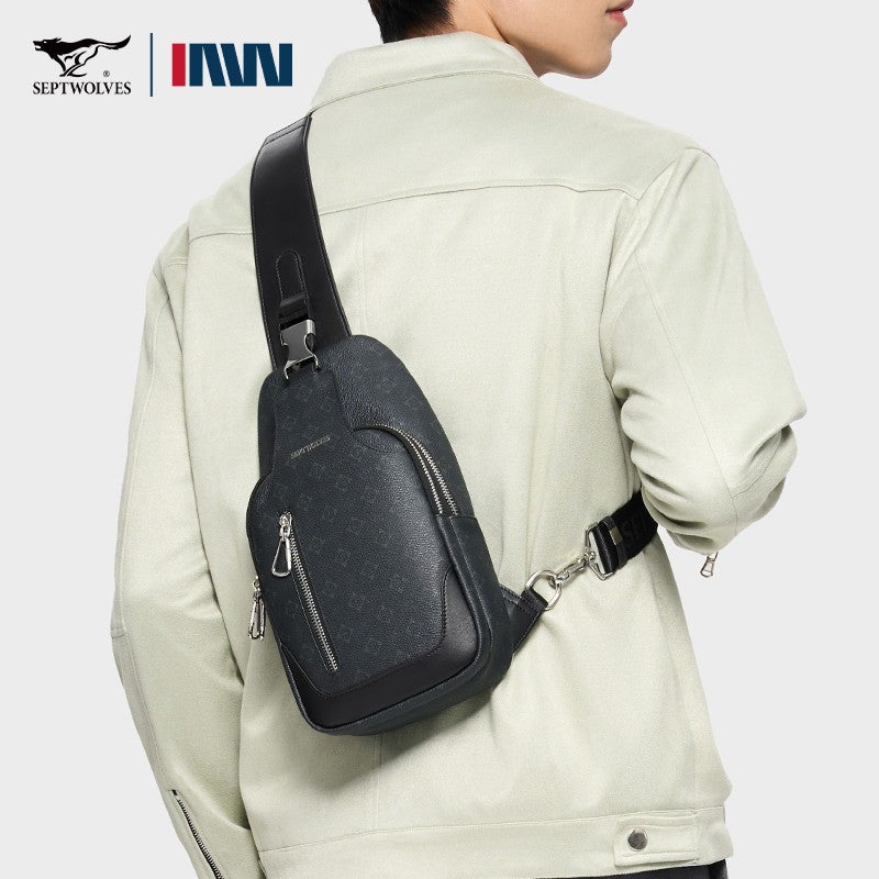 Septwolves Business Thin Printed Leather Crossbody Sling Bag Man Fashion Casual Travel Monogram Print Fabric iPad Shoulder Bag