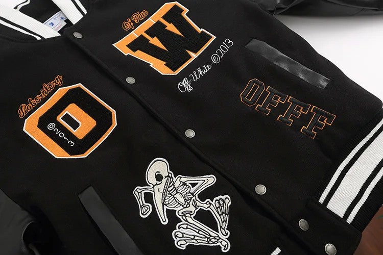 2023 Autumn/winter New Ow Skull Embroidery Woolen Jacket Cloth Patchwork Leather Sleeve Heavy Duty Embroidery Casual Style Fit