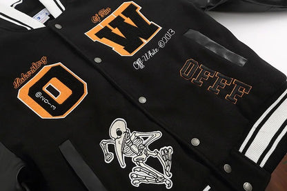 2023 Autumn/winter New Ow Skull Embroidery Woolen Jacket Cloth Patchwork Leather Sleeve Heavy Duty Embroidery Casual Style Fit