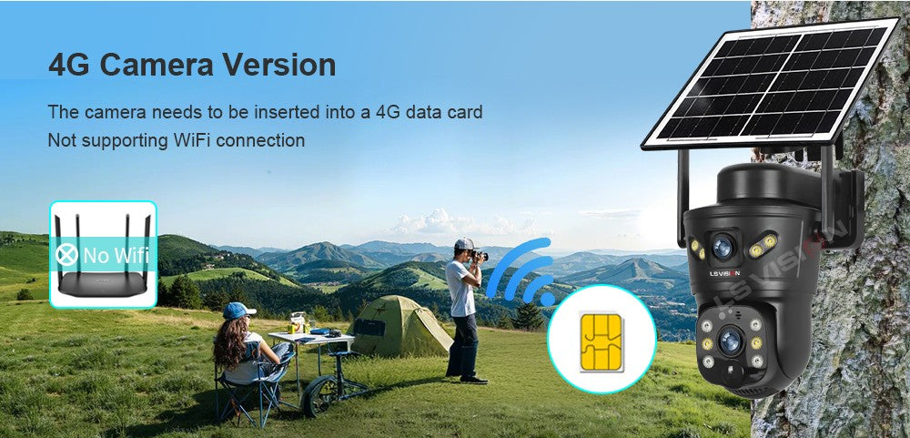 LS VISION 4G /WIFI Outdoor Solar Camera 8MP Dual Lens PIR Sim Card built in Night Vision Waterproof Security Camara Battery CCTV