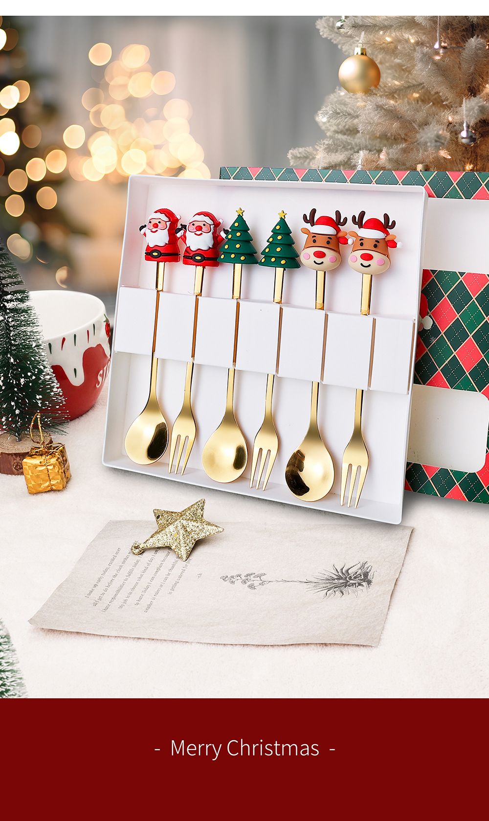 Christmas Themed Cutlery Gift Set 2/4/6pcs Stainless Steel Forks Spoons for Dessert, Creative Holiday Tableware Coffee Tea Party