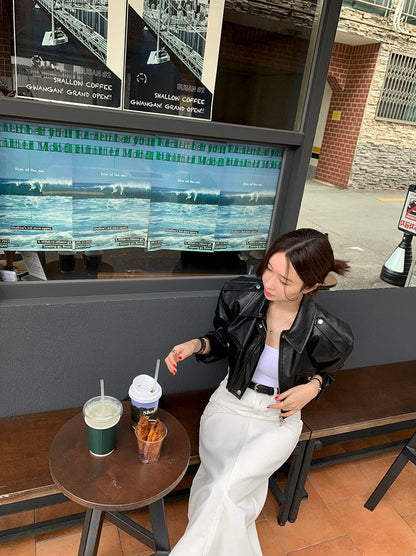 Women's Loose ort PU Leather Jaet Double ket Retro Collar Zipper Versatile Motorcycle Sle Top Trendy Commute Wind