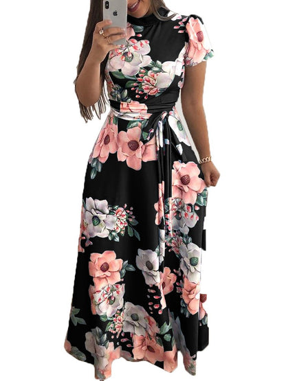 Women's Slim Dresses Casual Long Sleeve Round Neck Flower Printed Dress Strap Floor-Length Long Skirt Women's Clothing