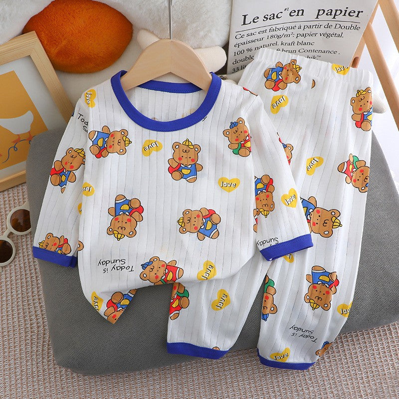 Kids Boys Girls Summer Cotton Thin Pajamas Cute Cartoon Print Long Sleeve T-shirt Tops+Pants Baby Clothing Sets