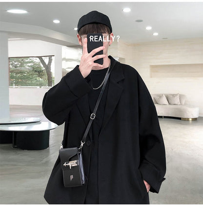 Autumn Men's Casual Solid Color Blazer Korean Style Business Single Trendy Oversize Business Suit Jackets Retro Daily Streetwear