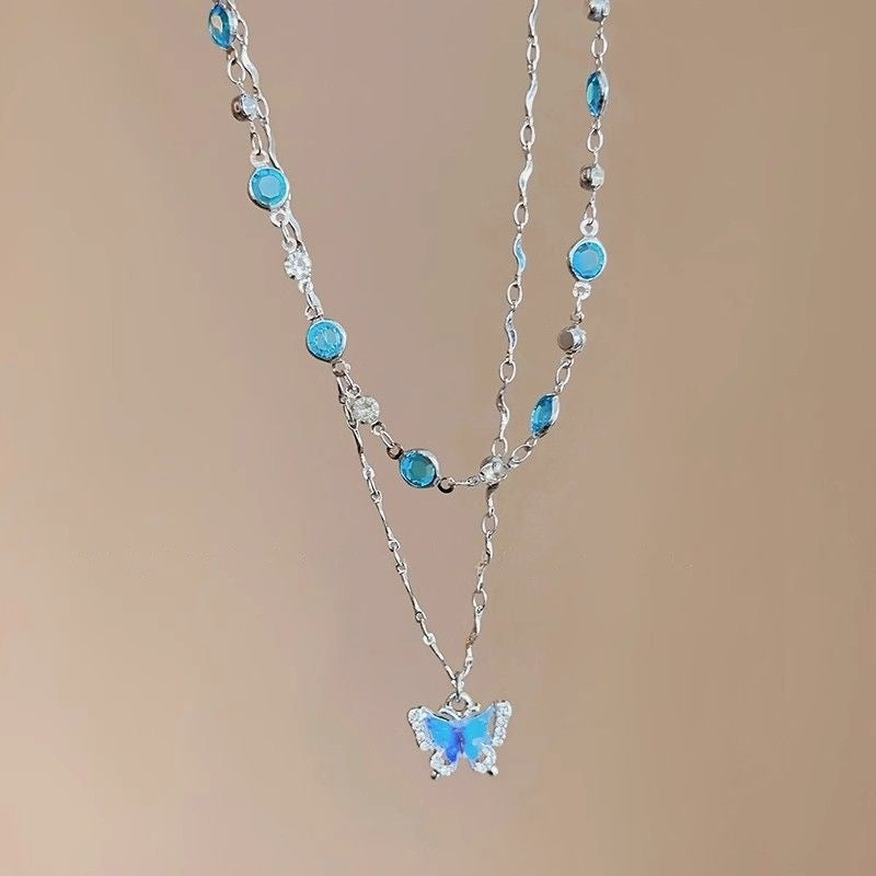 LATS Colar Feminino de Borboleta Cristal Azul Romântico Simples Brilhante Zircônia Camada Dupla Gargantilha Corrente Clavícula Nova Joia Fina